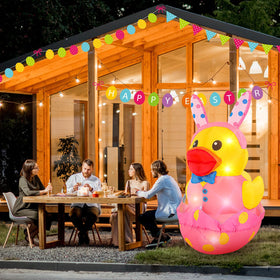 Leyndo duck breaking eggshell inflatable with bunny ears for festive yard décor.