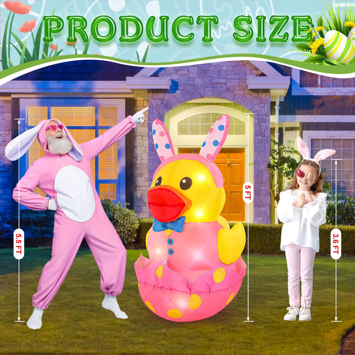 Leyndo inflatable duck with bunny-ear headband for playful Easter display.