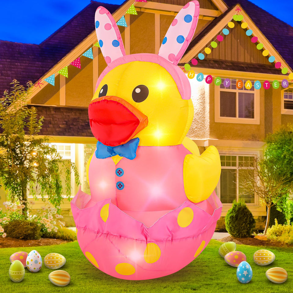 Leyndo Easter giant inflatable duck outdoors, 5ft tall, an eye-catching garden centerpiece.