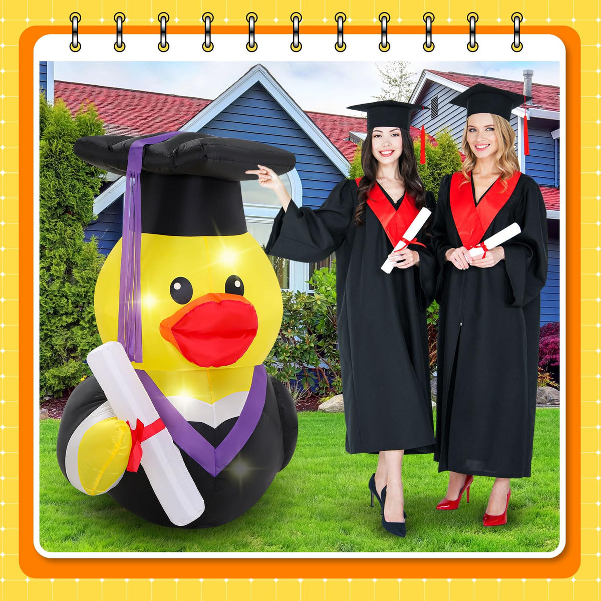 Close-up of Leyndo diploma-duck prop showing cap and gown details.