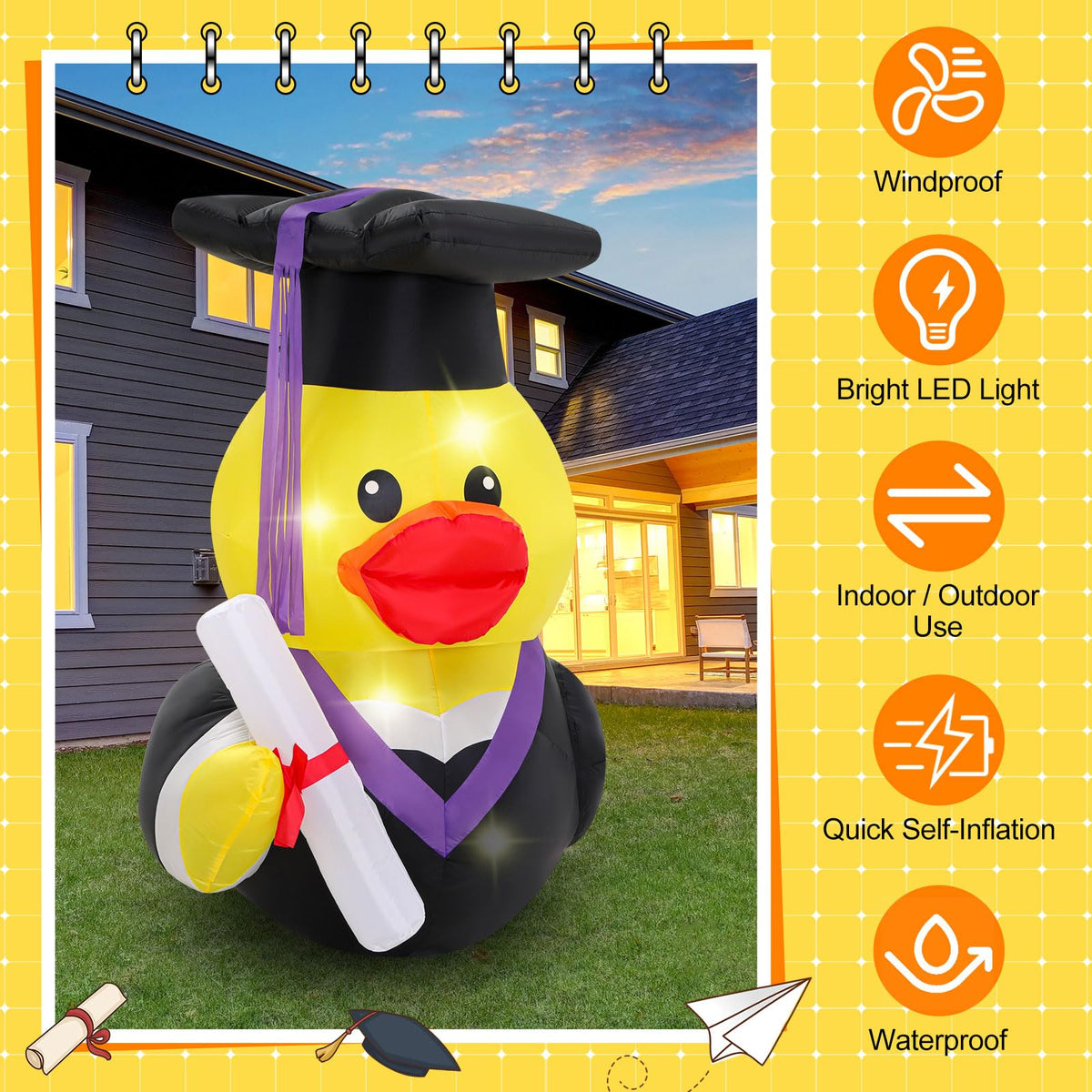 Nighttime view of Leyndo duck glowing softly for magical graduation vibes.