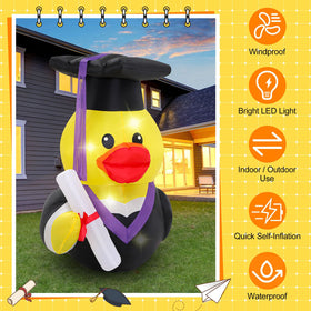 Nighttime view of Leyndo duck glowing softly for magical graduation vibes.