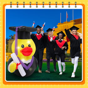Outdoor yard setup featuring Leyndo graduation duck as focal decor.