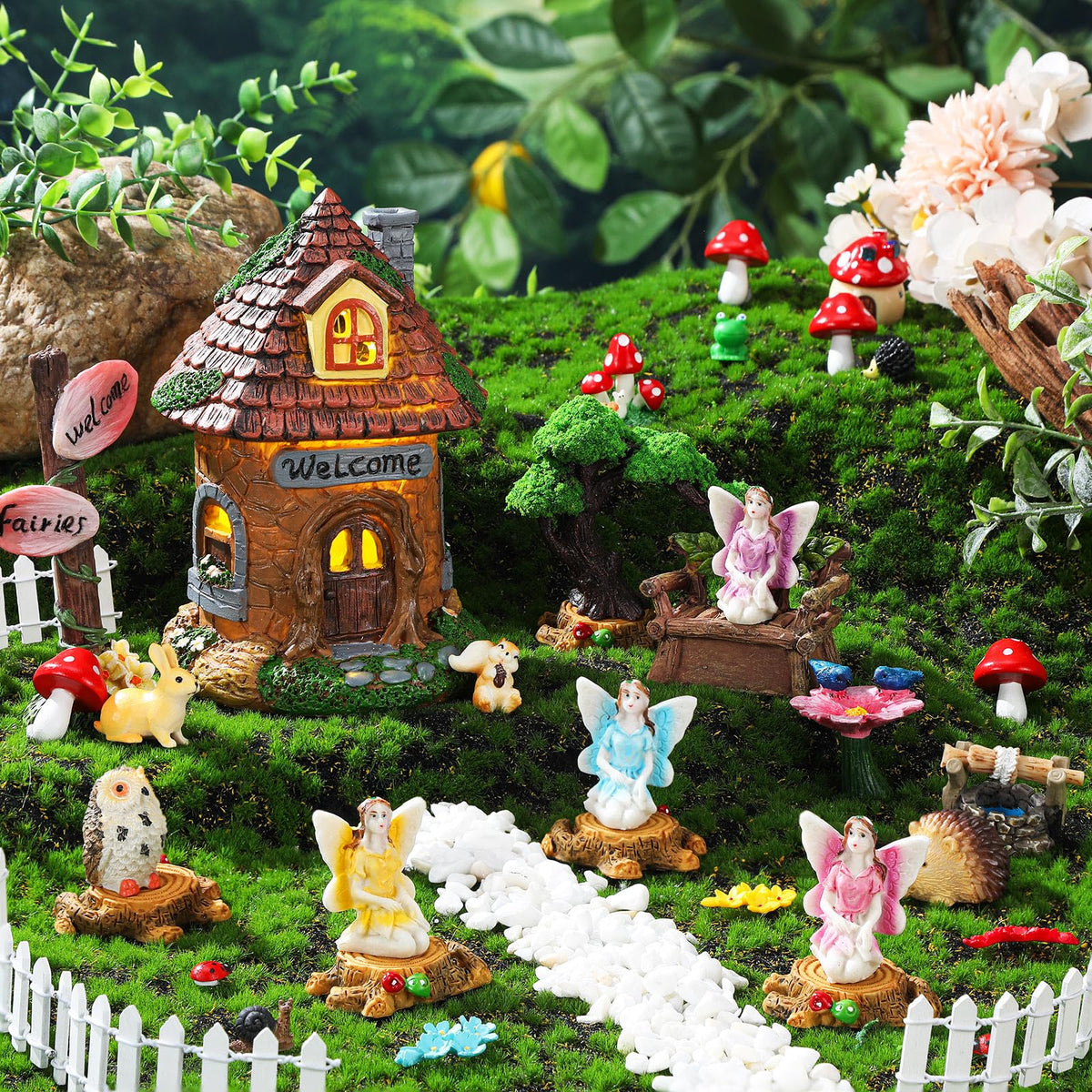 Leyndo tree stumps and mushrooms provide color and texture in fairy gardens.