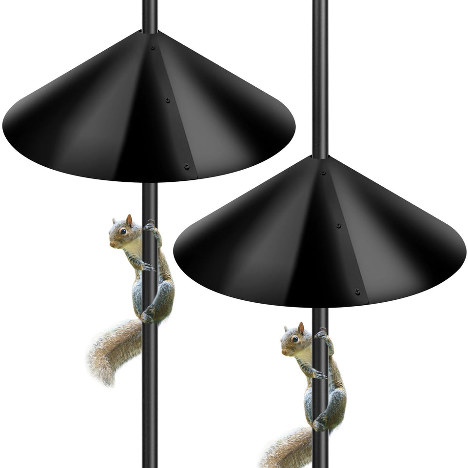 Lezcufer Squirrel Baffle 16in on pole protects feeders from climbers.