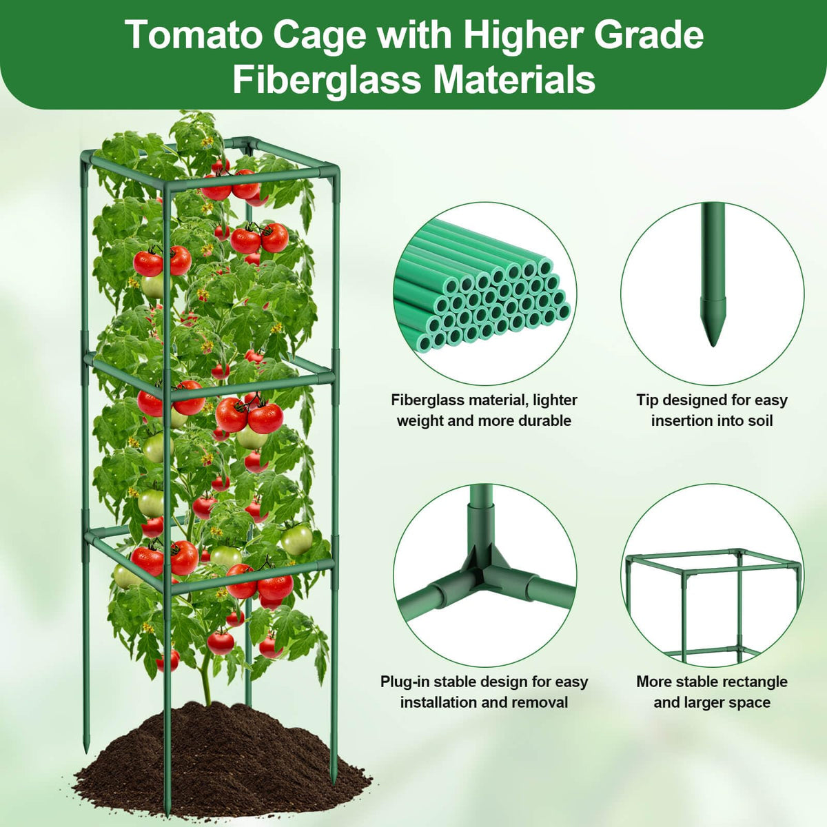 Lezmarket 43-inch square tomato cage shown with plant clips and ties included.