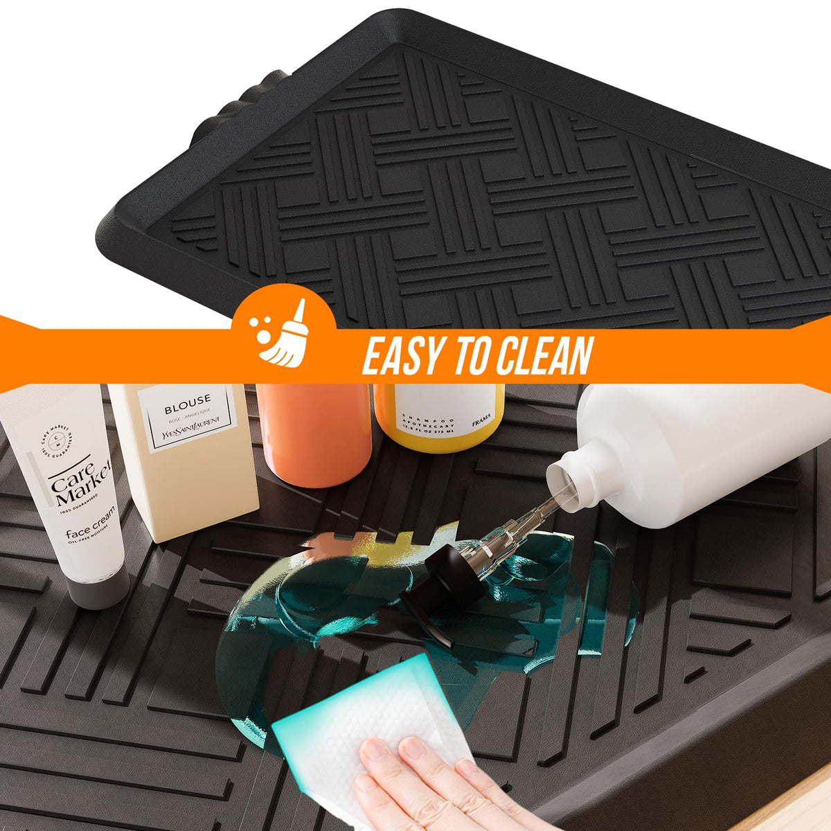 LFCONNECT under-sink storage mat helps contain spills and declutter spaces.