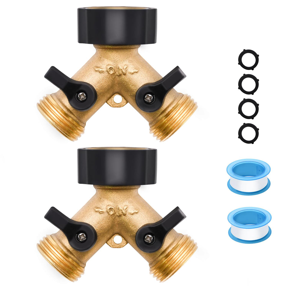 LFSEMINI 2-pack brass hose splitter in use, powering two watering zones