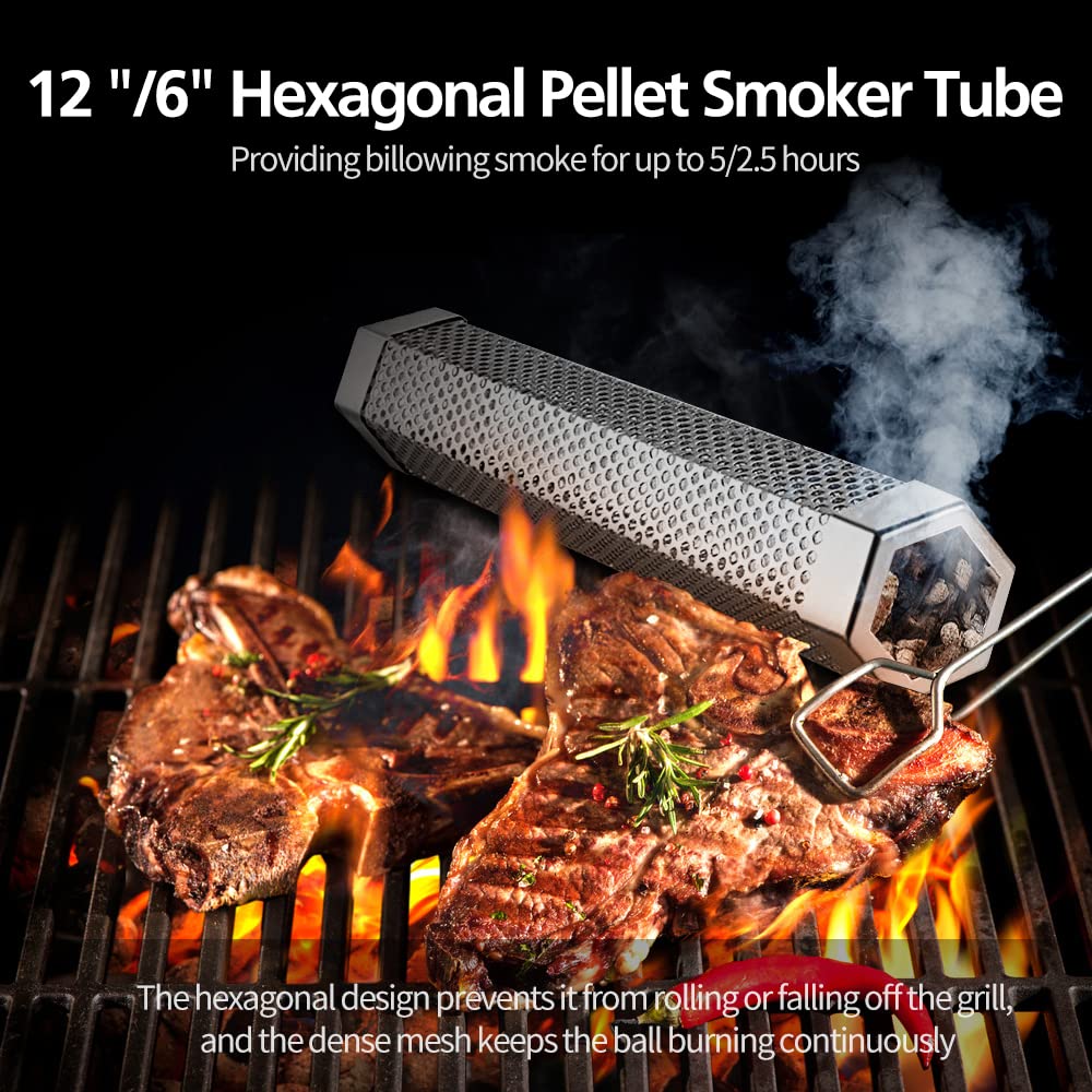 LFSEMINI pellet smoker tube 6in on grill provides compact smokiness for quick meals.