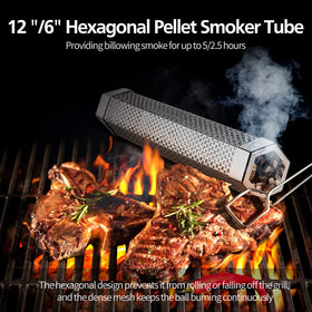 LFSEMINI pellet smoker tube 6in on grill provides compact smokiness for quick meals.