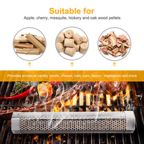 Pellet smoker tube in use on grill for hot or cold smoking.