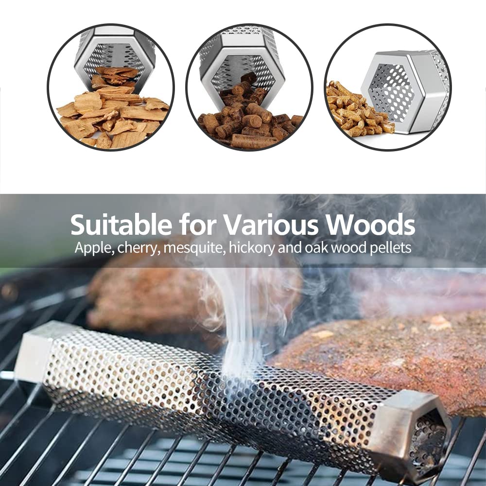 LFSEMINI pellet smoker tubes with brush and hooks ready for use in grilling.