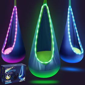 LFSMVT light-up kids pod swing blue front view shows cozy space and adjustable LED colors