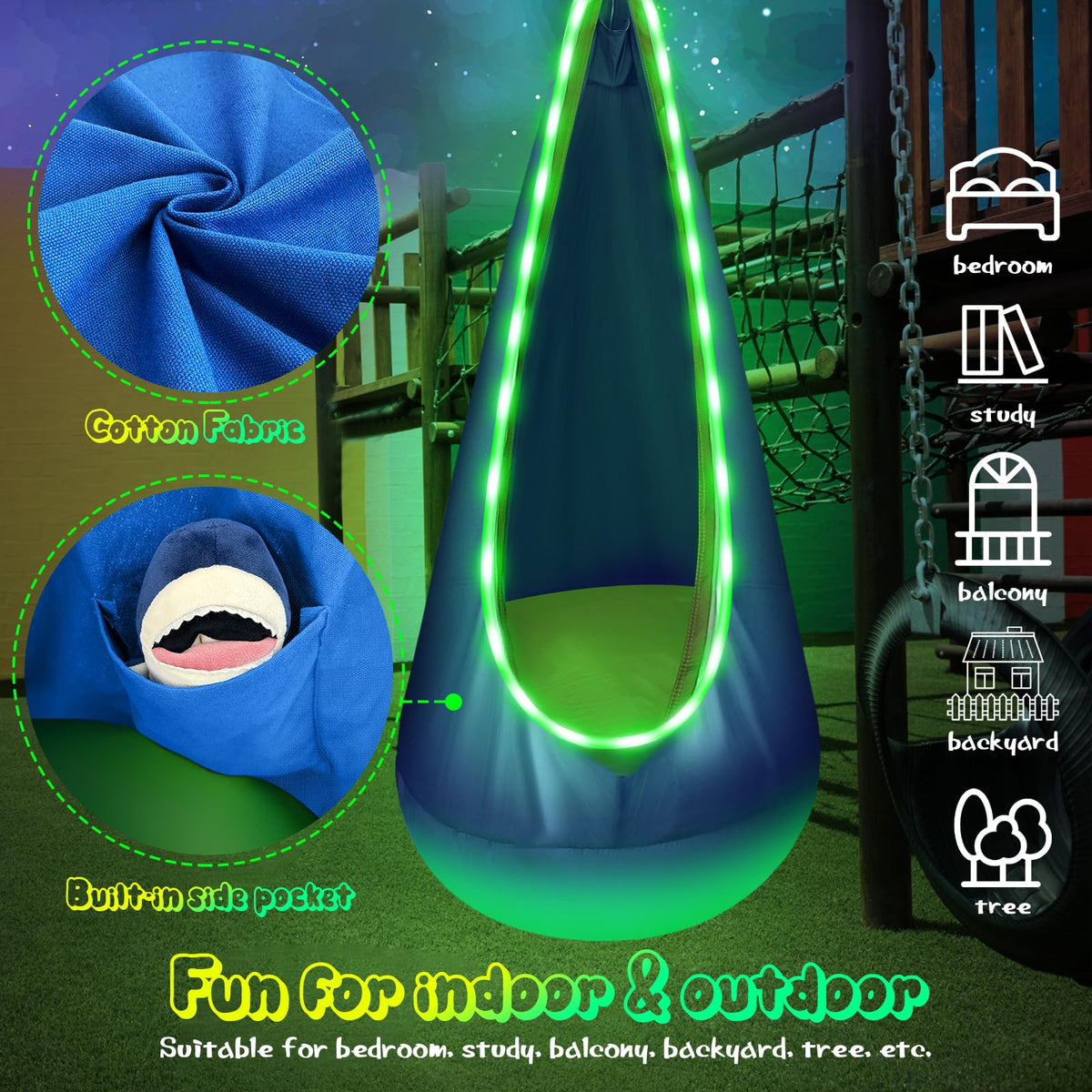 LFSMVT cotton pod swing blue close-up focuses on soft fabric quality