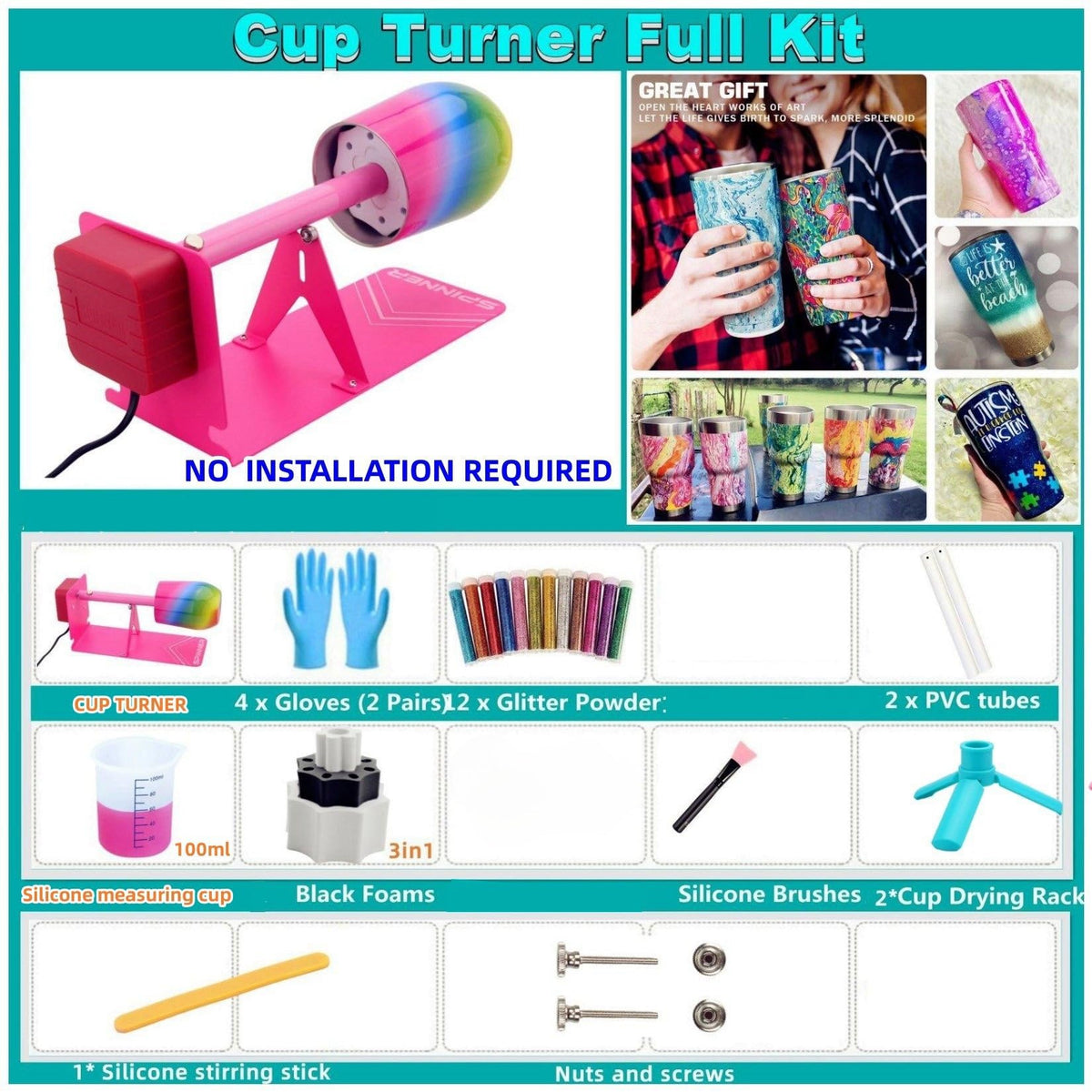 LFSUM Cup Turner accessories bundle for complete glitter tumbler crafting.