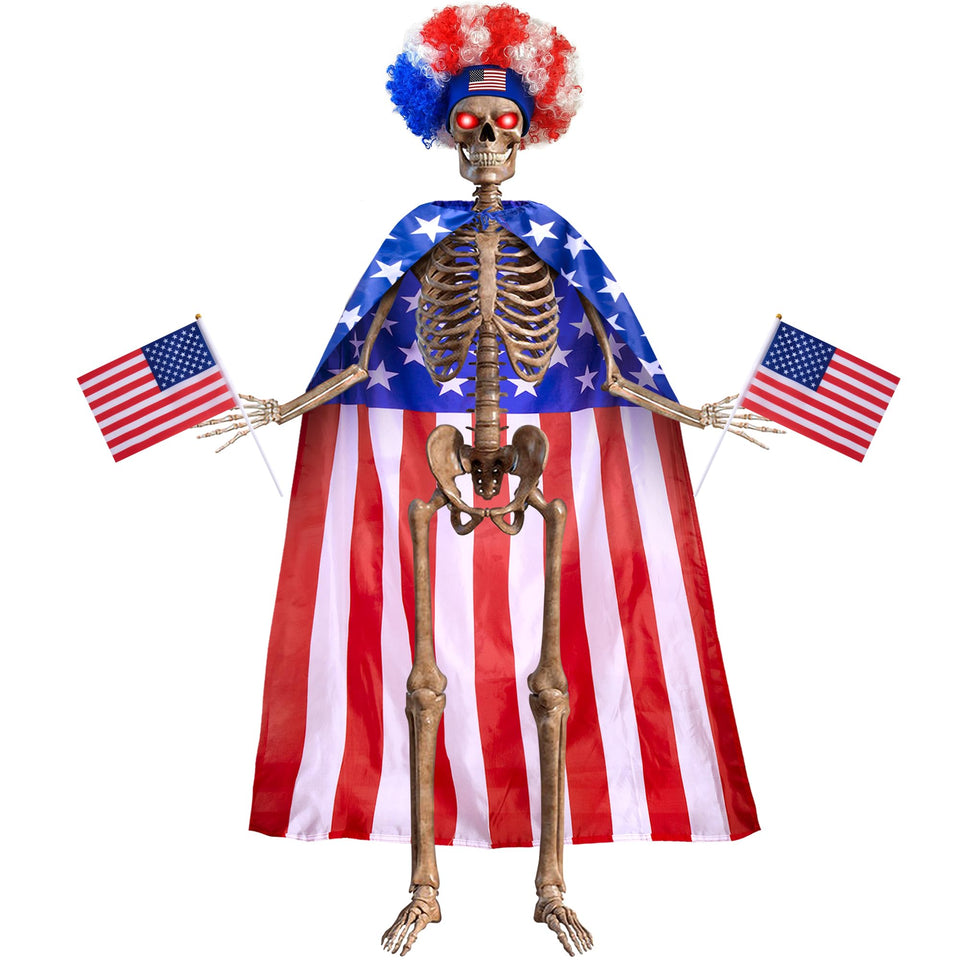 LFUTARI USA flag cape on a 6ft skeleton for a bold Fourth of July display