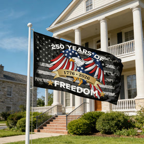 Flag with reinforced metal grommets for easy hanging