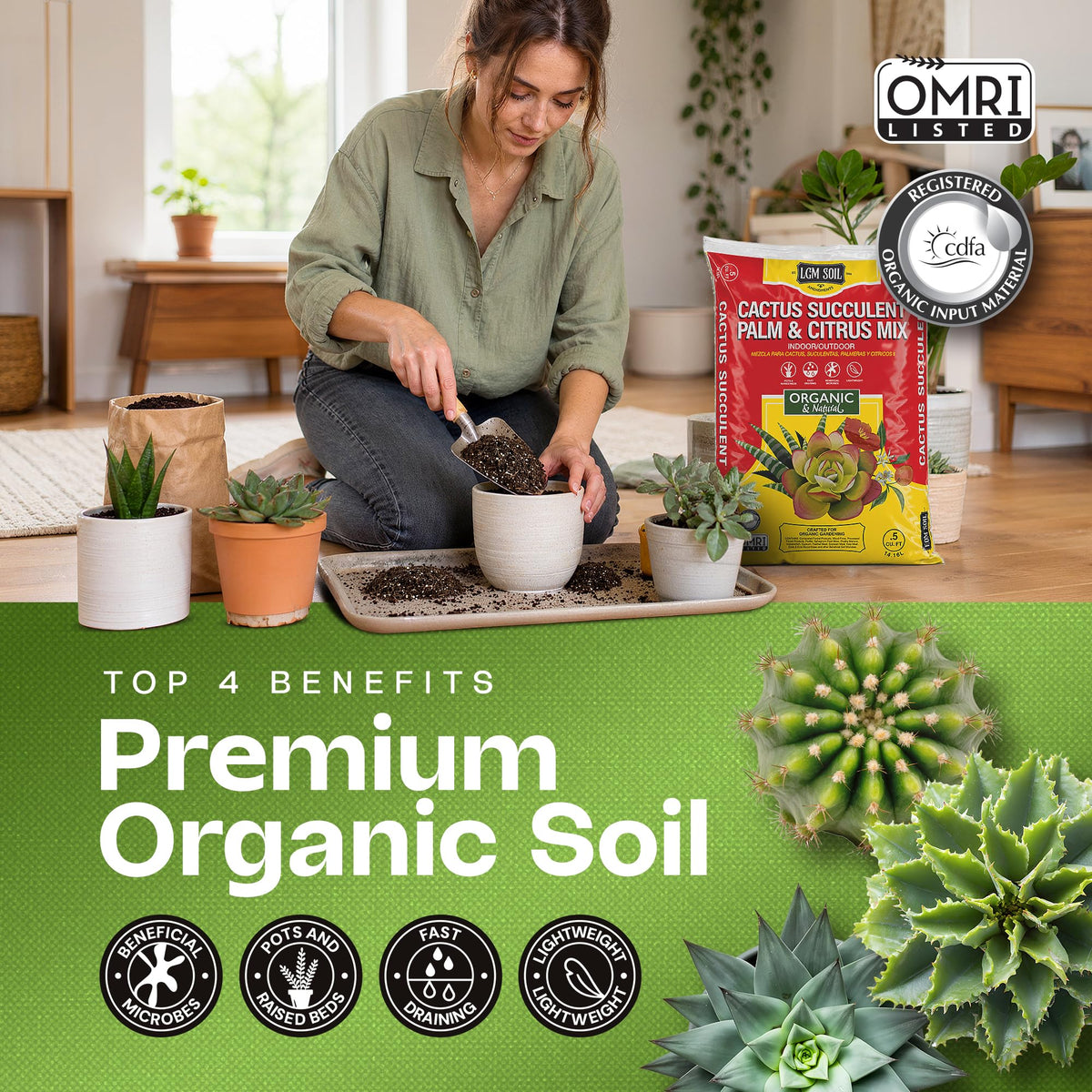 LGM Premium Cactus Soil Mix emphasizes volcanic ash for superior drainage.