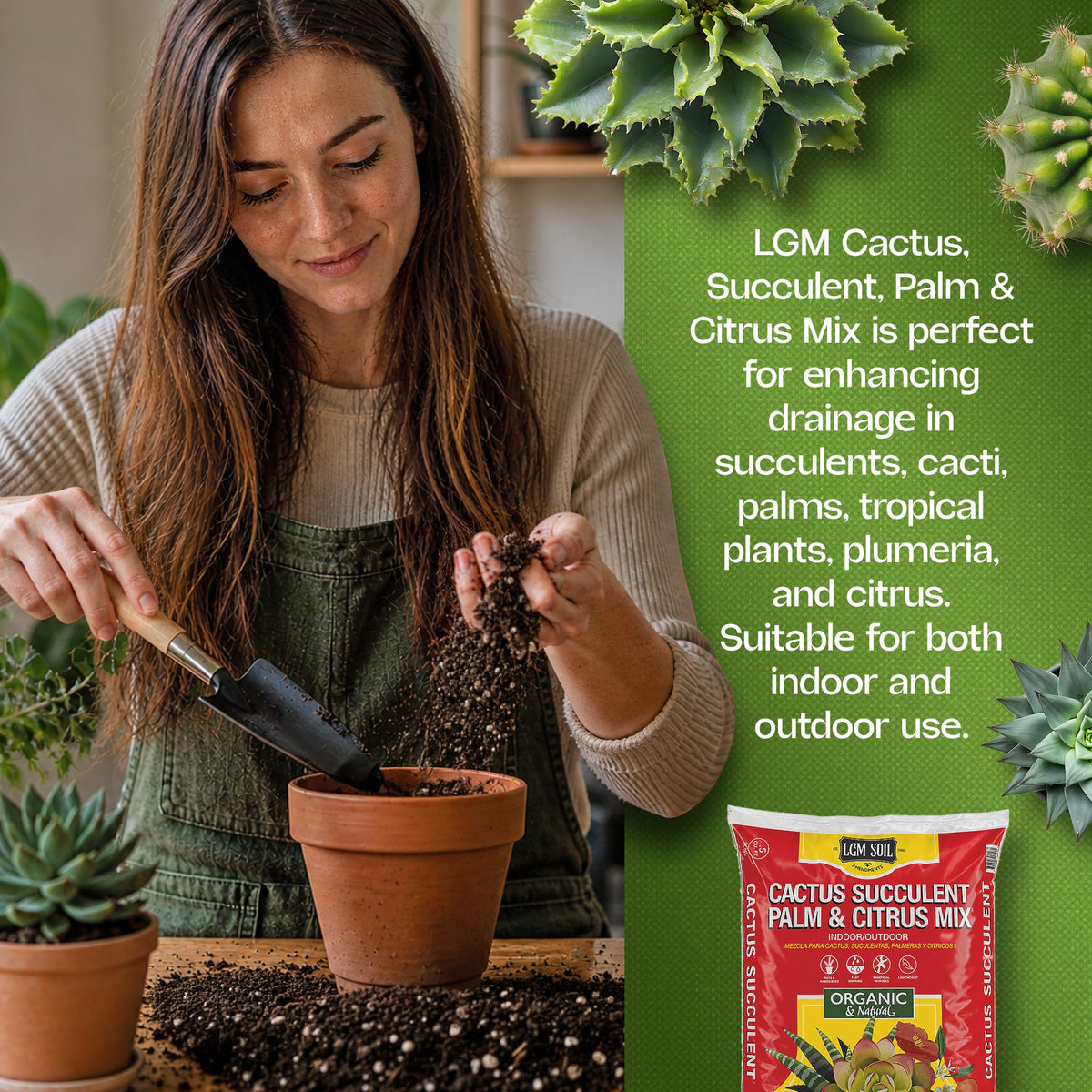 LGM Premium Cactus Soil Mix features chicken manure for natural feeding.