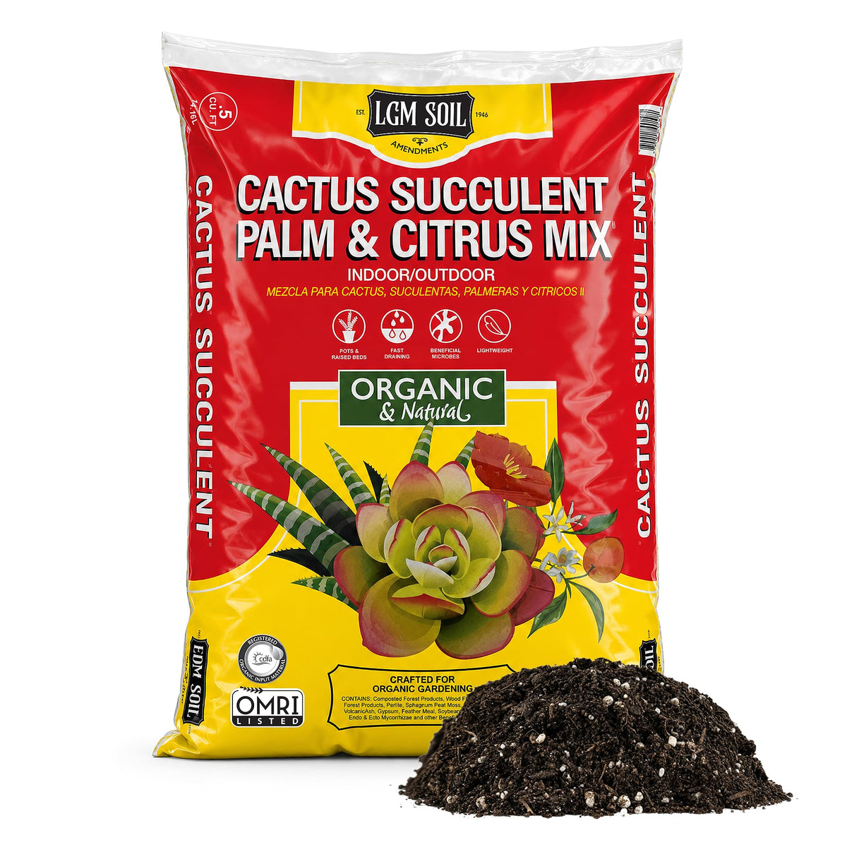LGM Premium Cactus Soil Mix packaging highlights ready-to-use blend for easy potting.