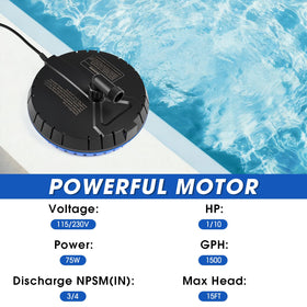 LHUKSGF pool-cover-pump with debris-filter base protects the surface.