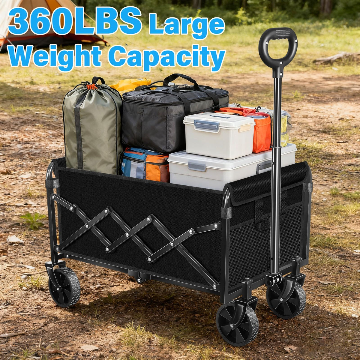 LIAPOTT wagon in camping setup carrying gear across terrain