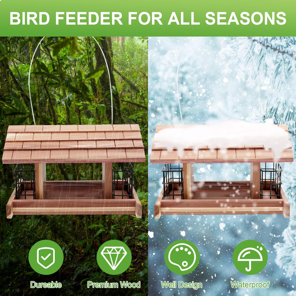 Liawm large-capacity seed storage keeps multiple bird species fed longer.