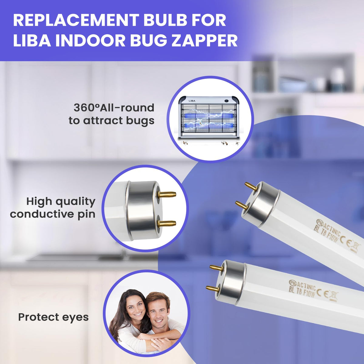 LiBa T8 UV lamp 365nm focus for insect attraction and compatibility.