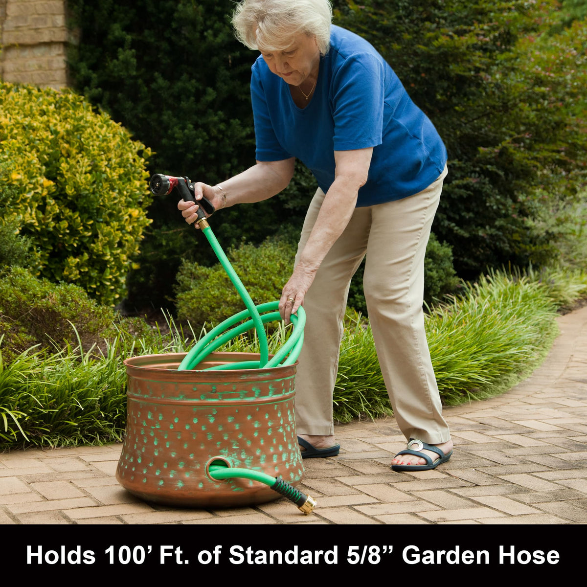 Liberty Garden 1917 hand hammered steel hose pot for durable outdoor use