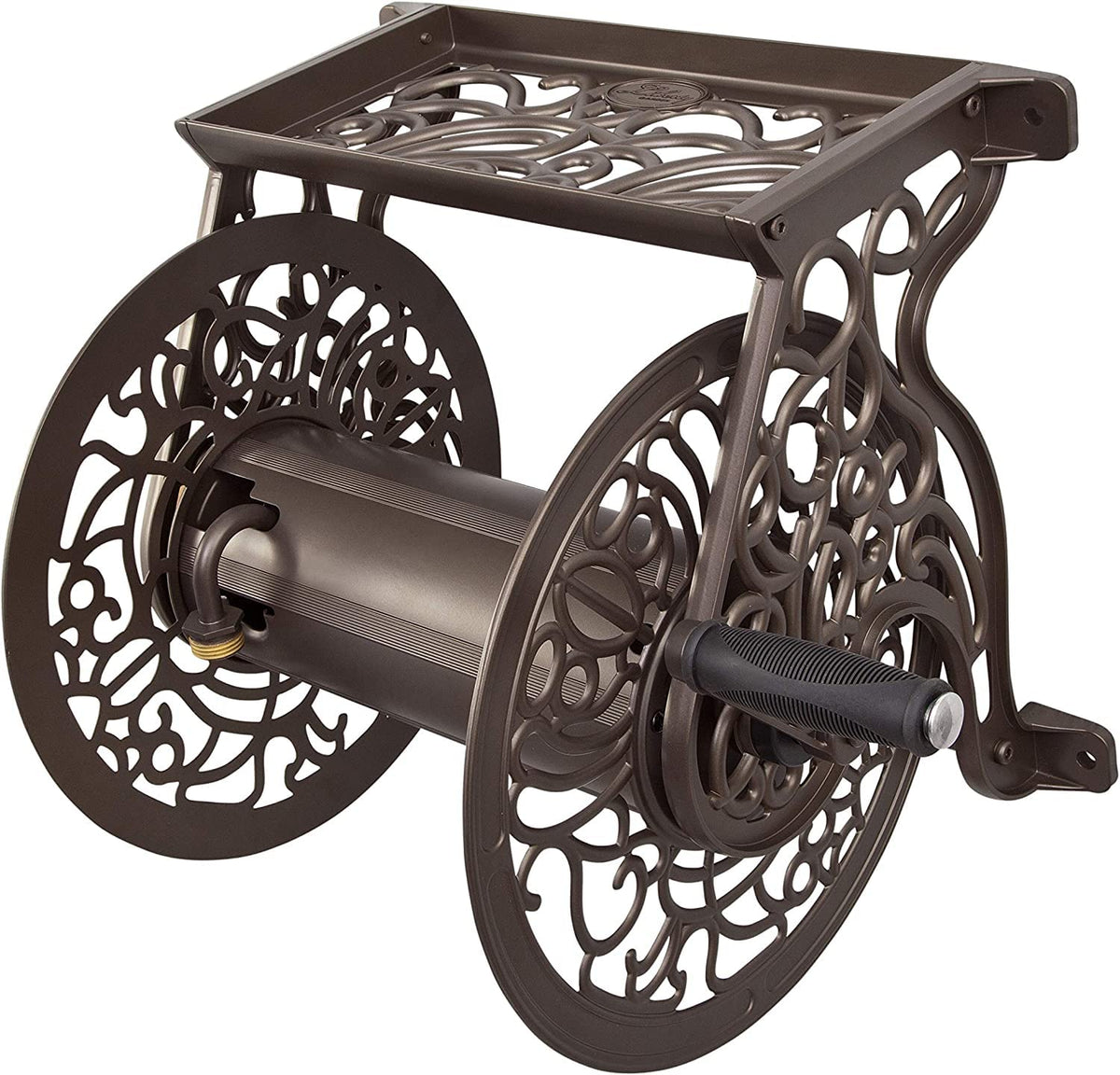 Liberty Garden 704 bronze wall-mount hose reel keeps hoses neatly organized.