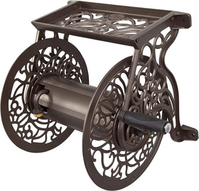 Liberty Garden 704 bronze wall-mount hose reel keeps hoses neatly organized.