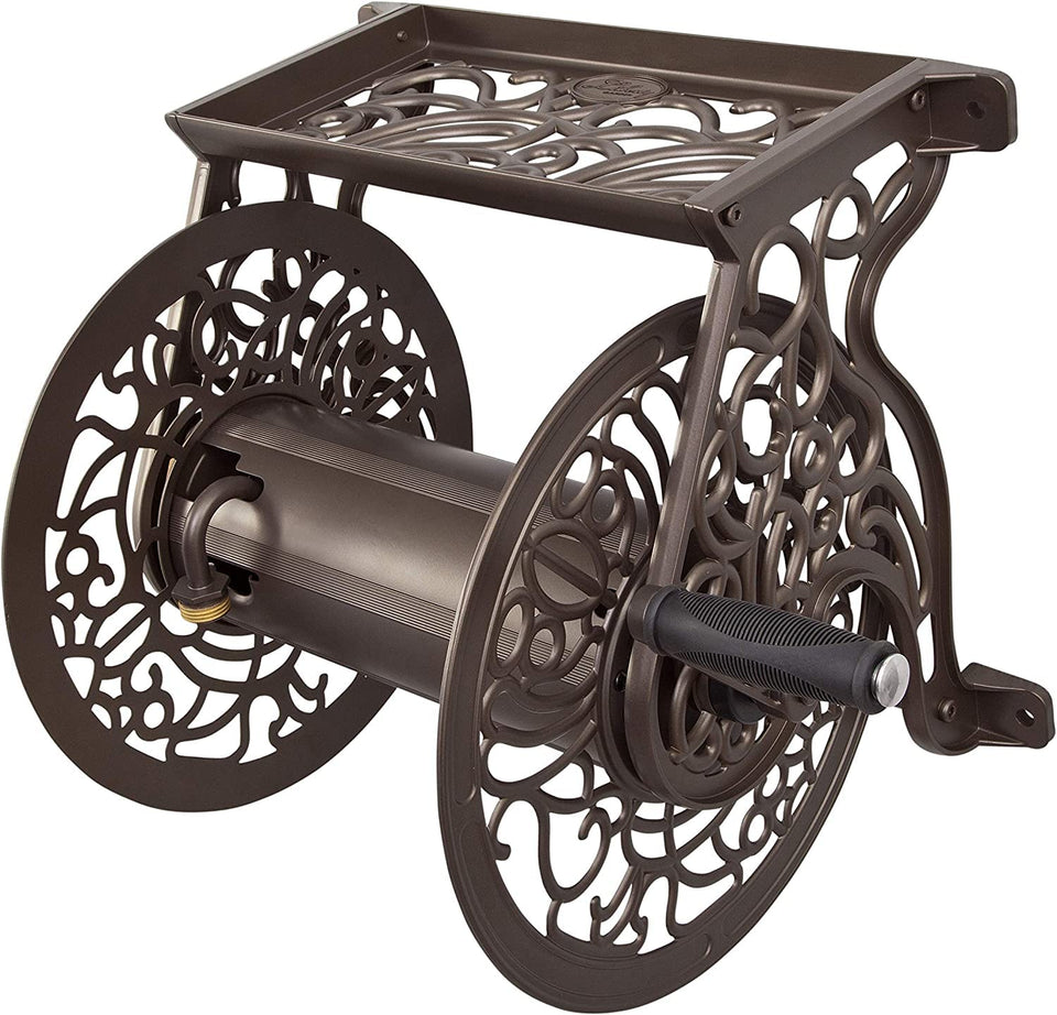 Liberty Garden 704 bronze wall-mount hose reel keeps hoses neatly organized.
