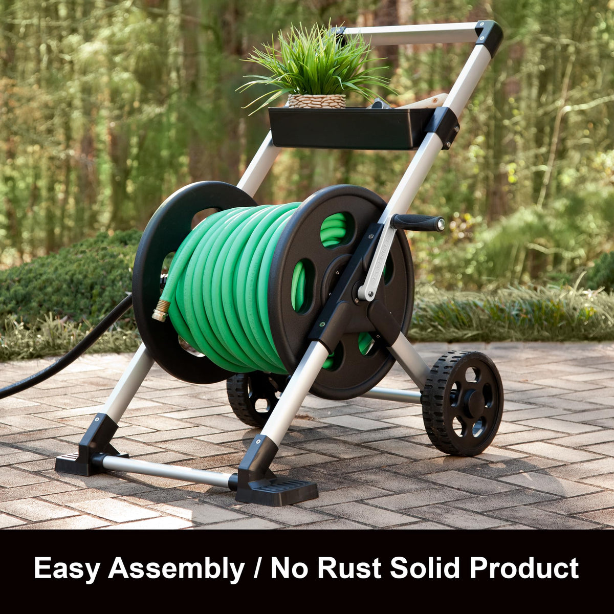 Liberty Garden Explorer never-flat tires keep the cart moving smoothly
