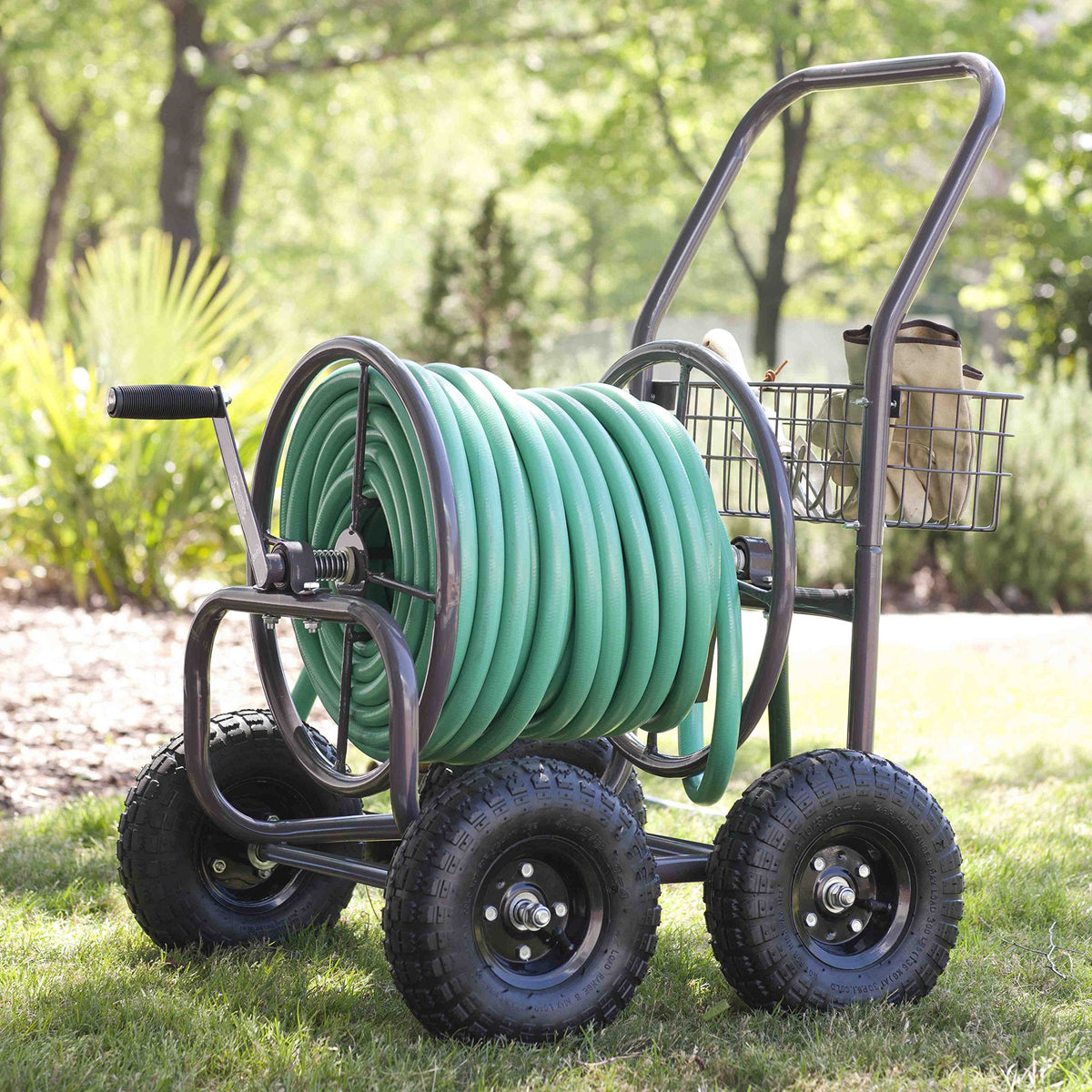 Liberty Garden hose reel cart basket shows tool basket for quick access