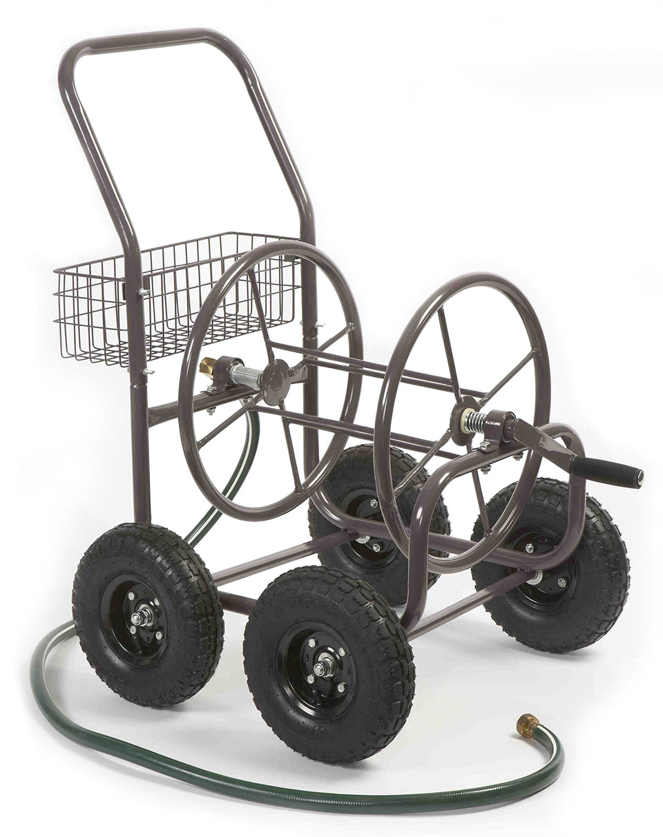 Liberty Garden hose reel cart with bronze finish for durable outdoor organization
