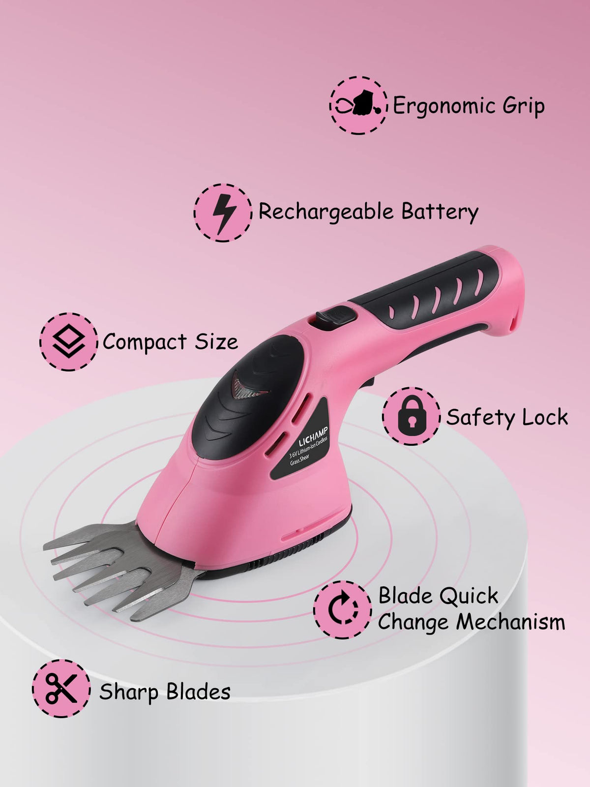Lichamp pink handheld grass shear close-up highlighting compact design.