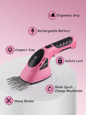 Lichamp pink handheld grass shear close-up highlighting compact design.