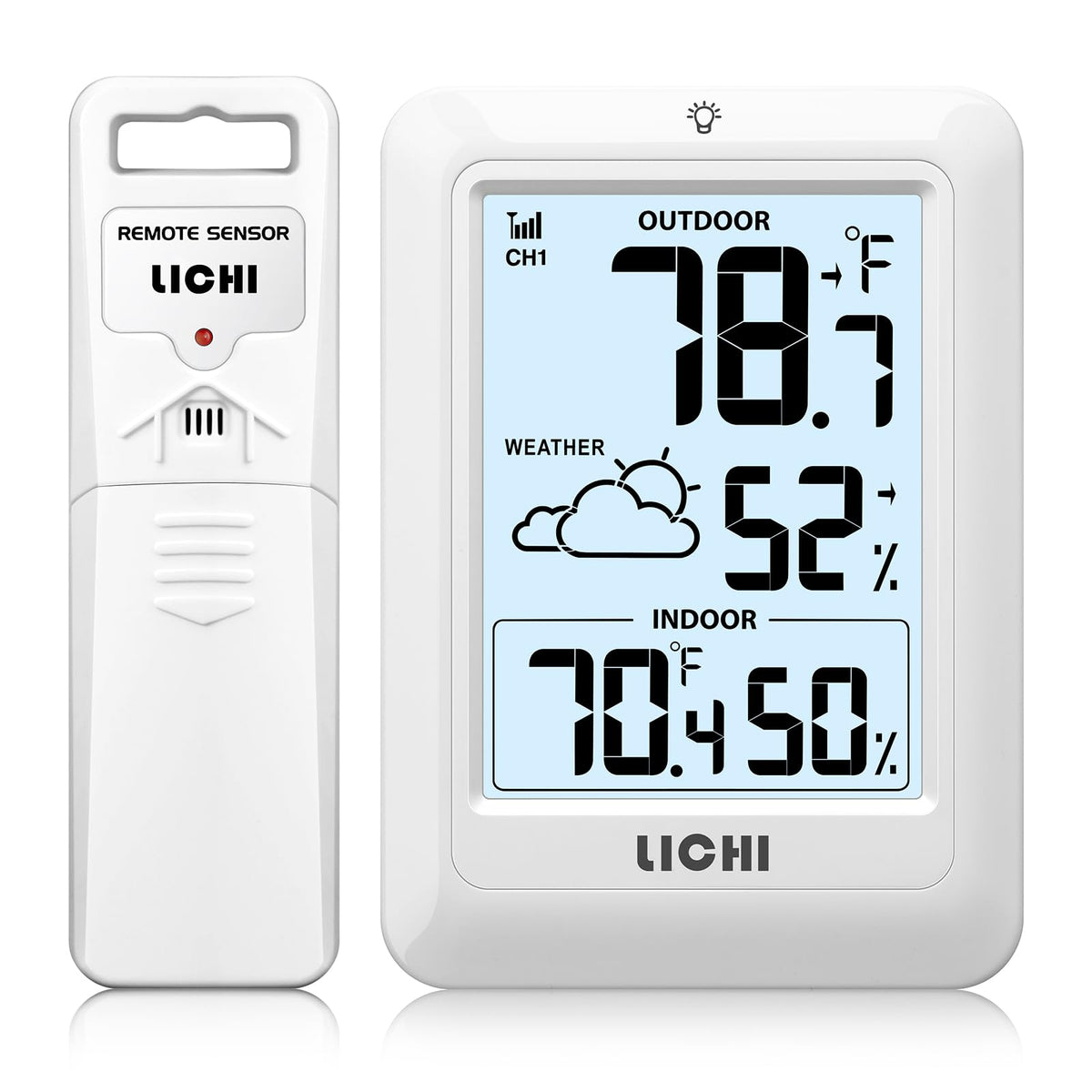 LICHI indoor-outdoor thermometer with backlit 4-inch LCD for clear night readings.