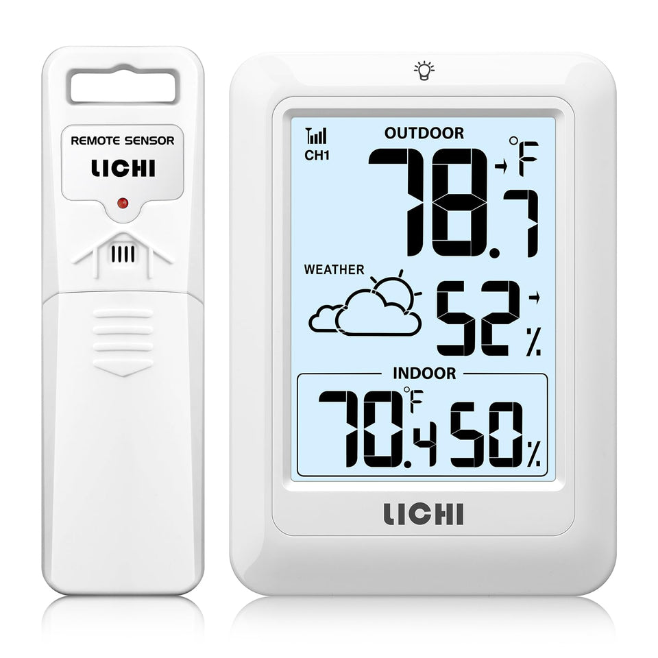 LICHI indoor-outdoor thermometer with backlit 4-inch LCD for clear night readings.