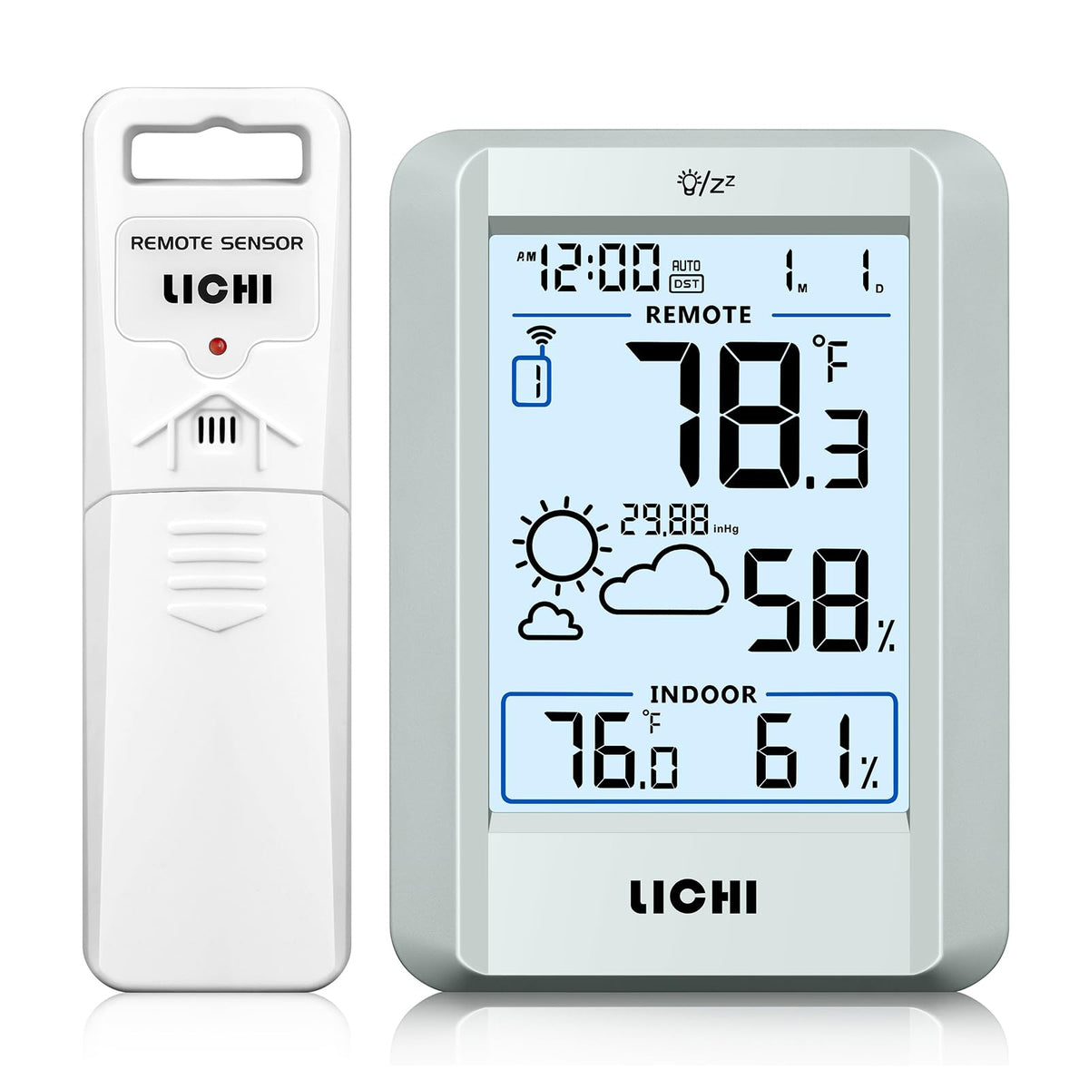 LICHI indoor-outdoor thermometer front display with backlight for easy night reading.