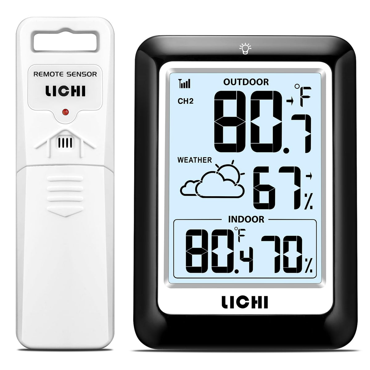 LICHI indoor-outdoor thermometer front display shows real-time temperature and humidity