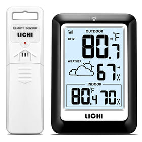 LICHI indoor-outdoor thermometer front display shows real-time temperature and humidity