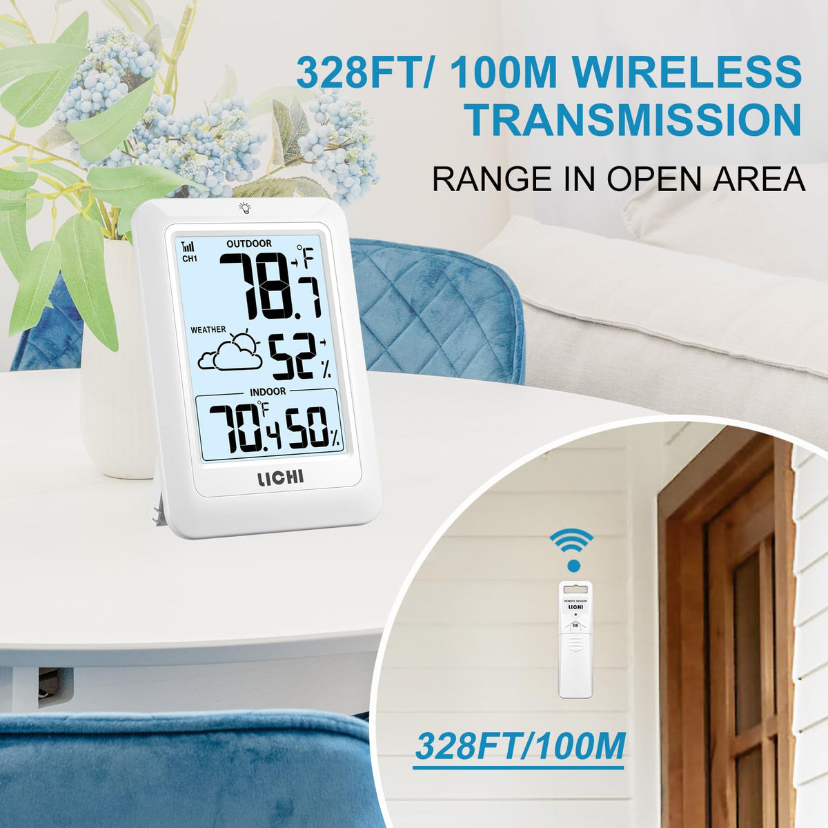 LICHI wireless transmission delivers outdoor data to the indoor display up to 100 meters.