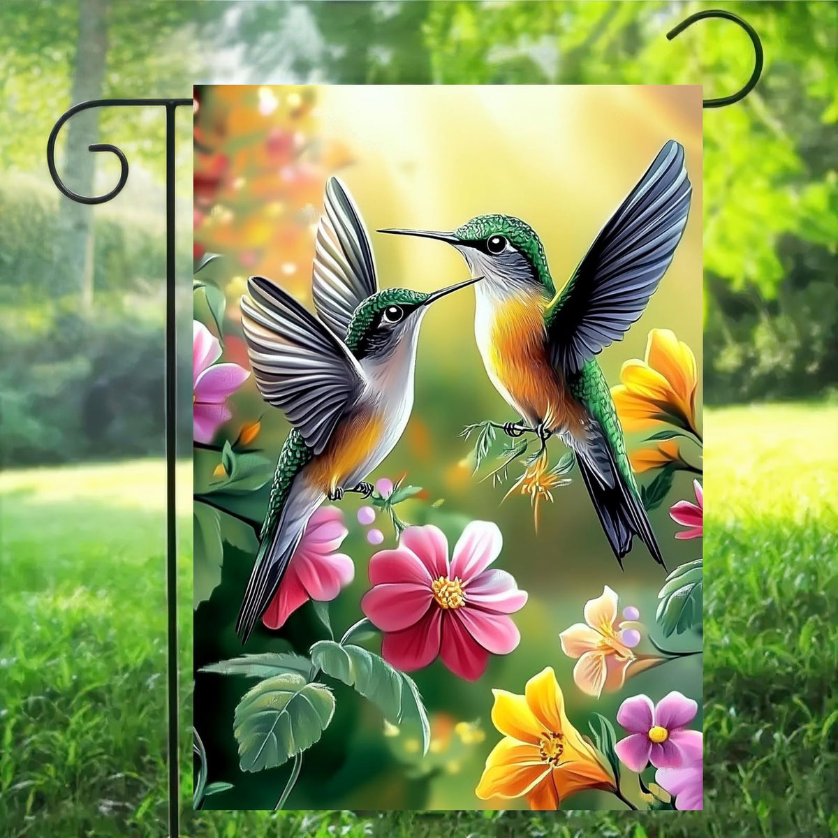 LienzoFest burlap garden flag shows vibrant flowers and hummingbird, outdoor-friendly texture.