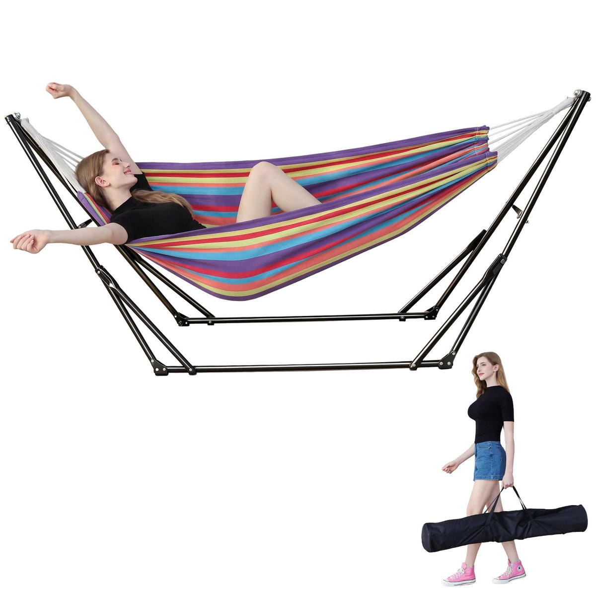 LIEVIM portable hammock stand folded for compact storage and easy transport.