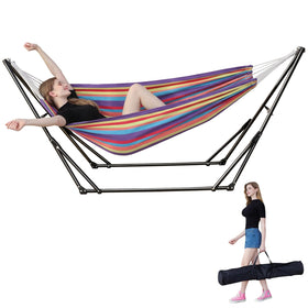 LIEVIM portable hammock stand folded for compact storage and easy transport.