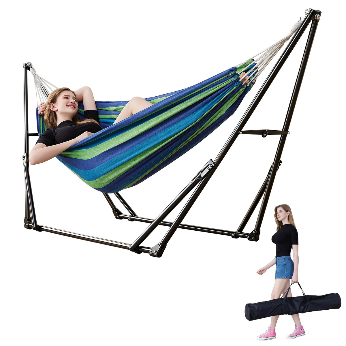 LIEVIM portable hammock with stand shows tool-free setup for quick relaxation.