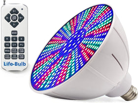 Life-Bulb RGB pool light installed showing color-changing ambience for inground pool.
