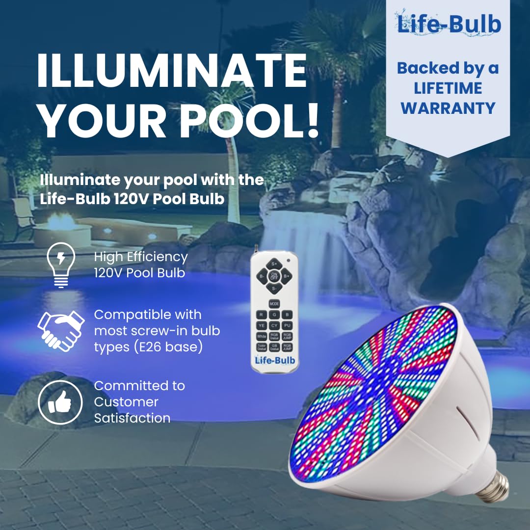 Life-Bulb RGB pool light creating vibrant ambiance in night pool setting.