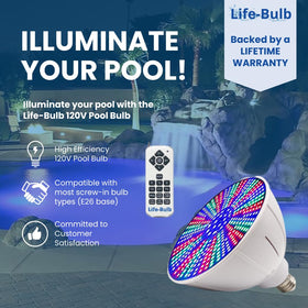 Life-Bulb RGB pool light creating vibrant ambiance in night pool setting.